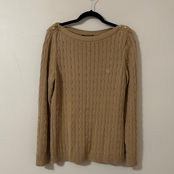 Lauren Ralph Lauren Sweaters - Lauren Ralph Lauren Womens Tan Cable Knit Boatneck Cotton Sweater Size XL Preppy